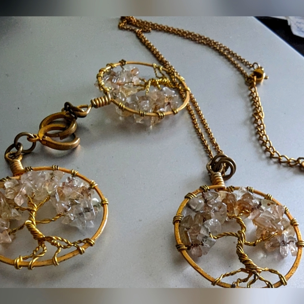 Hand Made Quartz and Citrine Large Tree of Life earring and necklace set